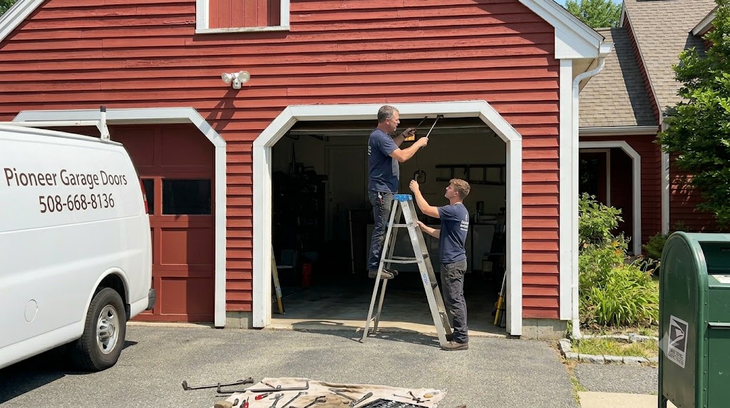 Pioneer Garage Door technicians repairing a garage door at a customer's home